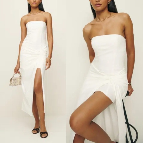 Reformation Dresses & Skirts - Reformation | NWT Kynzie Cotton Blend Strapless Knotted Slit Maxi Dress in White